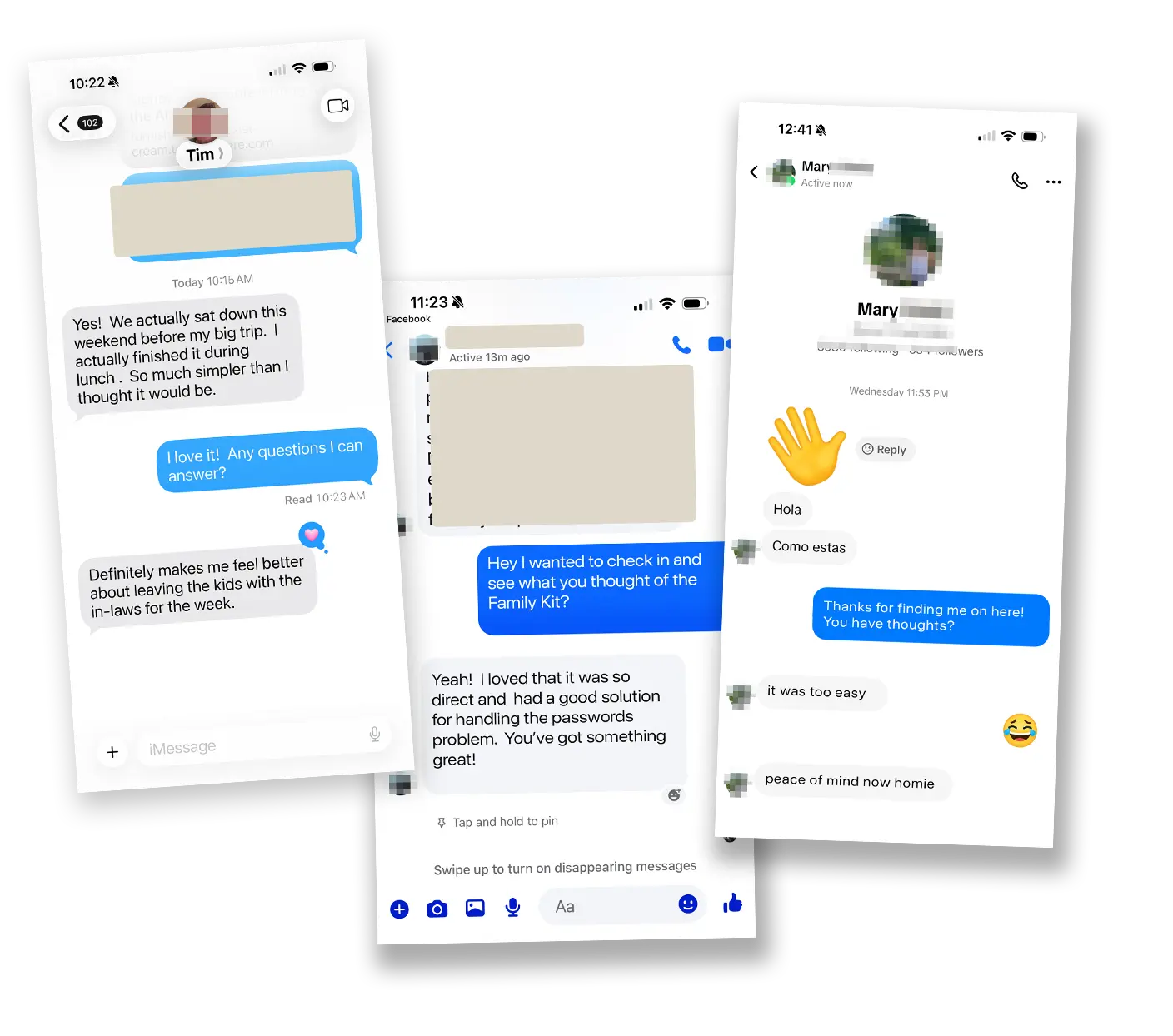 Three anonymized conversations with early testers describing the Kit as simple, direct, and reassuring