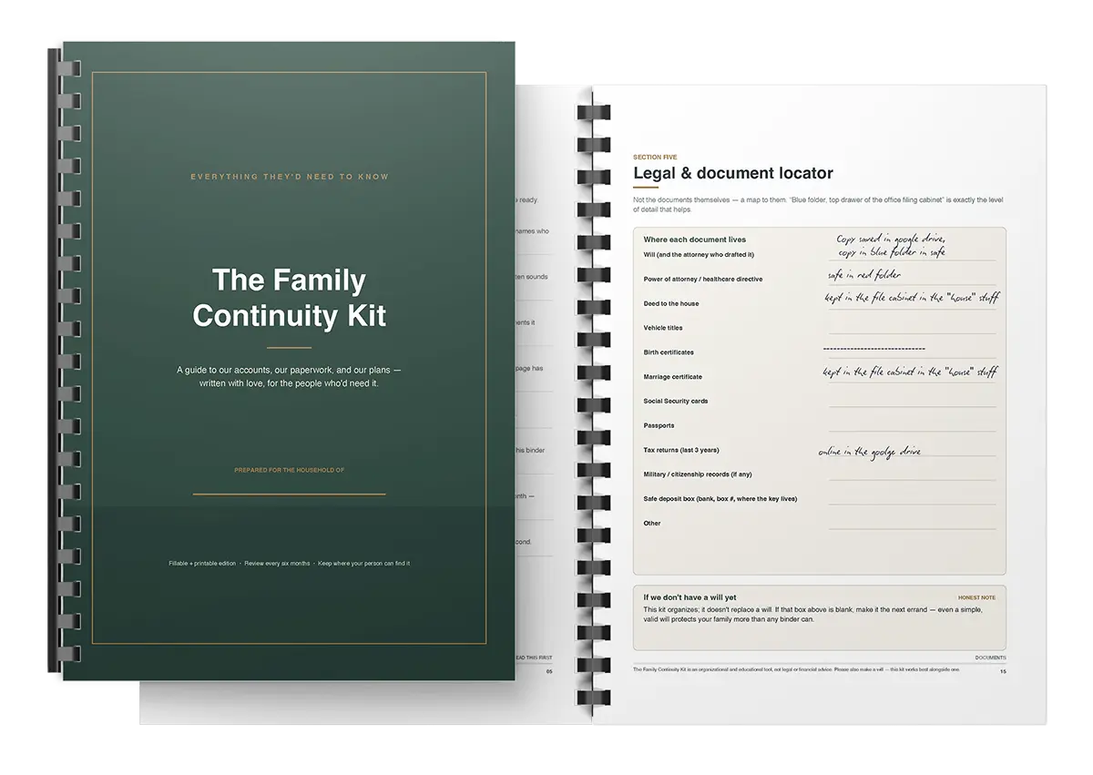 The Family Continuity Kit open to the Legal documents page