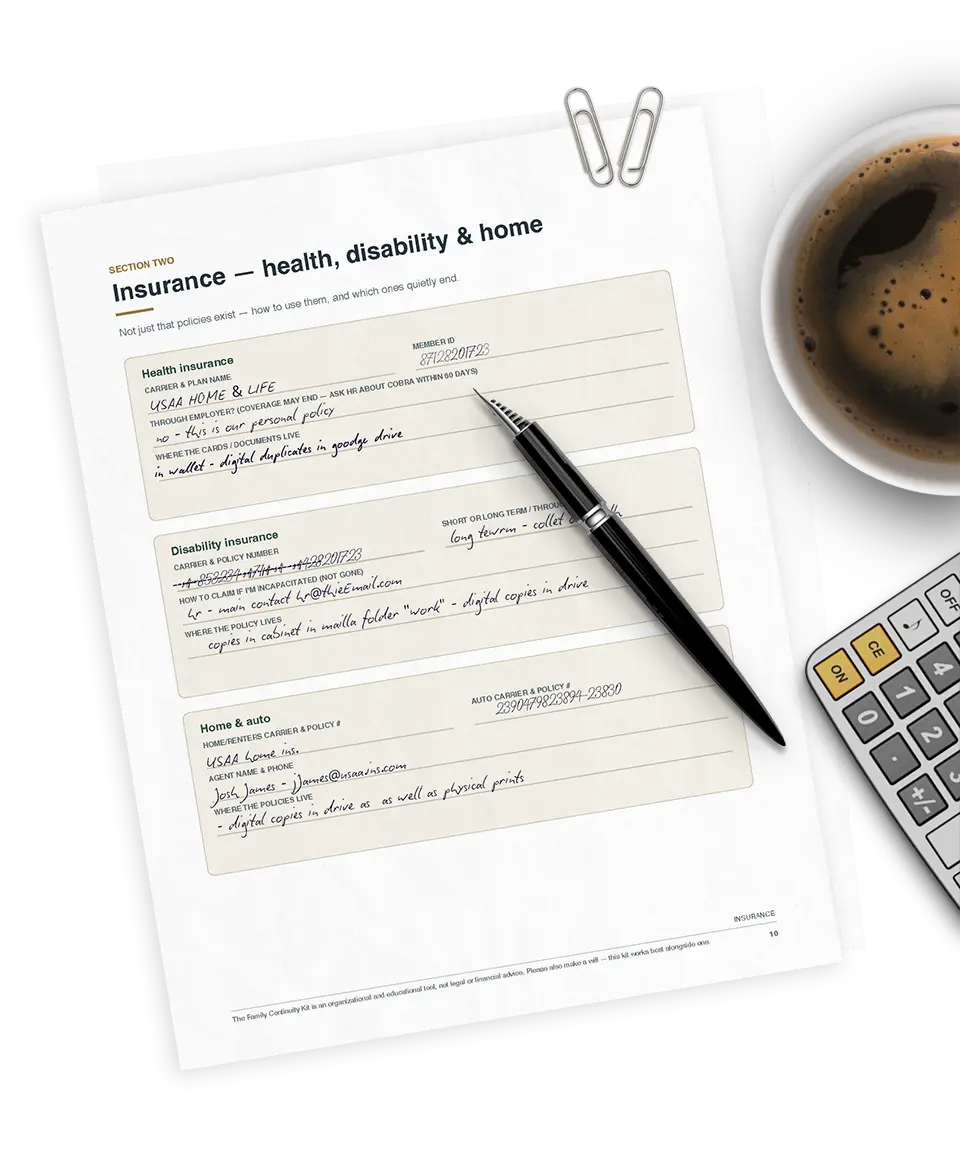 Printed Family Continuity Kit pages beside a cup of coffee