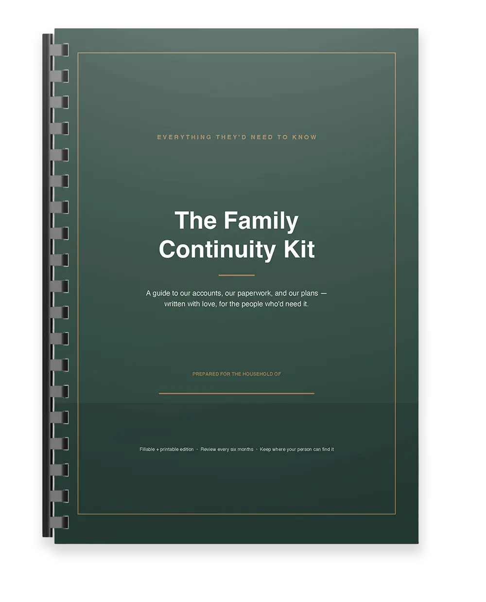 Printed and bound Family Continuity Kit binder