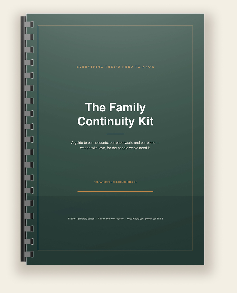 Printed and bound Family Continuity Kit binder